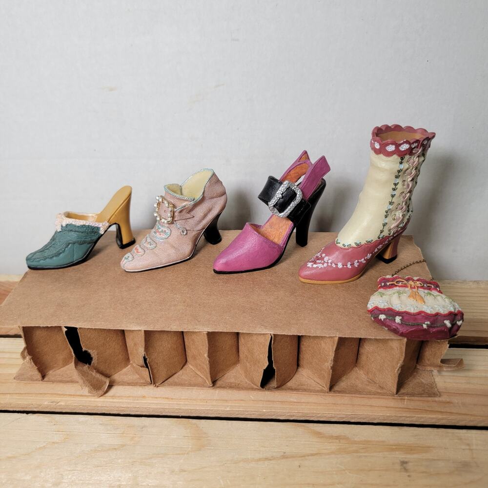 Set of 4 Victorian Style Resin Heels Shoes & Boot w/ Matching Bag